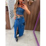 Saia Jeans Escuro Midi Bolsos Alcance