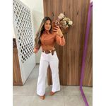 Calça Wide Leg Sarja Branca Desfiada