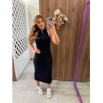 Vestido Preto Midi Slim Decote V Com Zíper Colcci