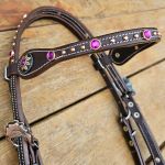 Cabecada Testa Couro Café Strass Magenta Com Afogador e Engate Rápido Cod.8515 - Protec Horse