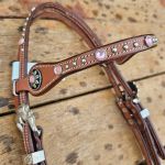 Cabecada Testa Couro Marrom Strass Rosa Com Afogador e Engate Rápido Cod.8515 - Protec Horse