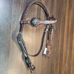 Conjunto Cabeçada Peiteira Levantador Couro Marrom Com Strass & Pedrinhas Azul Turquesa Cod.8562 - Boots Horse