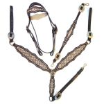 Conjunto Cabeçada e Peiteira - Levantador Couro com Strass Cravejada - Café & Creme - Protec Horse