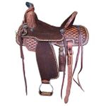 SELA FORMA PROTEC HORSE COURO CAFÉ, ABA-QUADRADA, BORDADO, TENTO-BRANCO, TENTO-PENDURADO, BARRIGUEIRA-TRASEIRA
