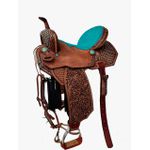 SELA FORMA PROTEC HORSE COURO MARROM - BORDADO/CRAVINHOS E STRASS AZUL TURQUESA/ASSENTO AZUL/ABA RECORTADA