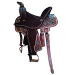 SELA FORMA PROTEC HORSE NEOPRENE CAFÉ - BORDADO FLOR AZUL TURQUESA/BARRIGUEIRA TRASEIRA/TENTO BRANCO