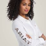 Camisa Ariat Feminina Team Kirby Stretch Shirt White Leopard logo - 10039457