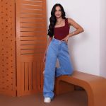 Calca Jeans Claro Wide Leg Brilho
