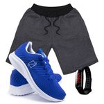 Kit Bermuda Moletom Masculina + Tenis Masculino Conforto + Relógio Digital [Grafite/Azul] 