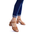 Sandalia Salto Bloco Couro Tiras Camel Ref 09991.09962