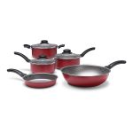 Jogo Conjunto De Panelas Brinox Ruby Vermelho 5 Peças Antiaderente com Tampa de Vidro