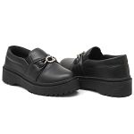 Mocassim Feminino Oxford Preto metal Plataforma Tratorado Calce Fácil Conforto Tendencia Blogueira