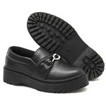Mocassim Feminino Oxford Preto metal Plataforma Tratorado Calce Fácil Conforto Tendencia Blogueira