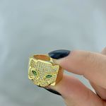 Anel Tigre Cravejado Zirconia Semijoia Banho Ouro 18k