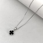 Corrente Prata Legítima 925 Veneziana 45cm com Pingente Trevo Onix