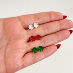 Trio Brincos Prata Legitima 925 Solitário 7mm Cristal / Vermelho / Verde 