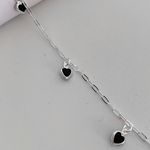 Tornozeleira Prata Legitima 925 Pingentes Coração Zirconia Preta 1,6gr