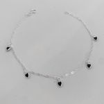 Tornozeleira Prata Legitima 925 Pingentes Coração Zirconia Preta 1,6gr