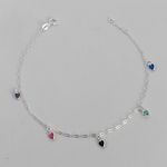 Tornozeleira Prata Legitima 925 Pingentes Coração Colorido 1,7gr