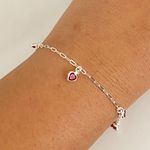 Pulseira Prata Legitima 925 5 Pingentes Coração Vermelho 1,4gr