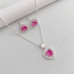 Conjunto Prata Legitima 925 Corrente 40cm + Brinco Coração Rosa