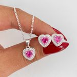 Conjunto Prata Legitima 925 Corrente 40cm + Brinco Coração Rosa