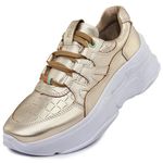 Tênis Skeaker Feminino Casual Sola 5,5cm dourado couro legítimo 