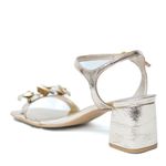 Sandália Dourada Salto Bloco Flores Couro