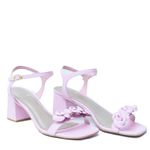 Sandália Rosa Candy Salto Bloco Flores Couro