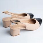 Slingback em Couro Salto Bloco Bege/Preto Confort