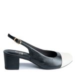 Slingback em Couro Salto Bloco Preto/Off White Confort