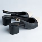 Slingback em Couro Salto Bloco Preto/Off White Confort