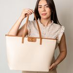 Bolsa Shopping Off White/Caramelo Couro Grande Aline