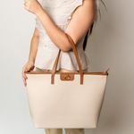 Bolsa Shopping Off White/Caramelo Couro Grande Aline