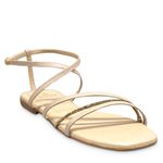 Sandália Rasteira Bege Tiras Strass Couro