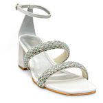 Sandália Salto Bloco Branca Strass Couro