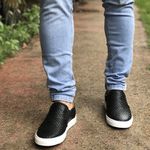 Sapatênis Slip On Tresse Couro Preto Sola Branca Forro de Couro