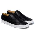 Sapatênis Slip On Tresse Couro Preto Sola Branca Forro de Couro