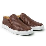 Sapatênis Slip On Tresse Couro Café Sola Branca Forro de Couro