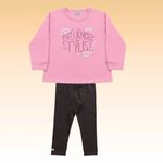  Conjunto blusão em moletom e legging em molecotton mescla Rosa pétala/Preto mescla