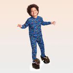  Macacão pijama em moletom Rot. Pixel dino azul/Azul escuro 