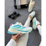 Tênis Feminino Esportivo Running Branco com Azul Aqua e Roxo