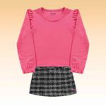 Conjunto blusa manga longa em cotton / short-saia e casaco em tecido tweed Rosa blush/Preto