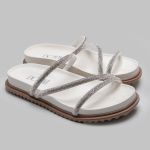 Sandália Rasteira Feminina Branco BK01 Flat Tiras Brilhante 2488