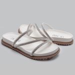 Sandália Rasteira Feminina Branco BK01 Flat Tiras Brilhante 2488