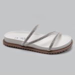 Sandália Rasteira Feminina Branco BK01 Flat Tiras Brilhante 2488