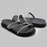Sandália Rasteira Feminina Preto BK01 Flat Tiras Brilhante 2489