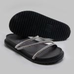 Sandália Rasteira Feminina Preto BK01 Flat Tiras Brilhante 2489