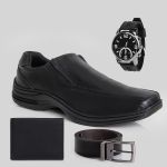 Kit Sapato Social Couro Legítimo 451 Confortável + Relógio Preto + Cinto + Carteira 3018