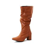 Botas Femininas Sloutchy Lirom Cano Alto Enrugado Bico Fino Caramelo